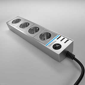 Розеточный блок 4-х местный + 3 USB серебряный/серебряный рифленый Werkel WL20-04-03