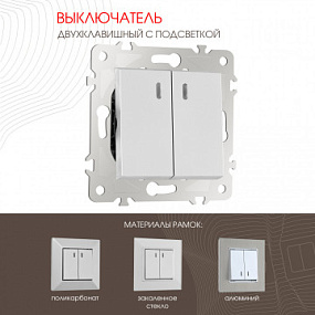 Выключатель двухклавишный с подсветкой, 10AX 250V 203.31-2.silver Arte Milano