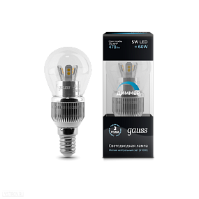 Лампа GAUSS светодиодная диммируемая шар Е14 5W 4100К