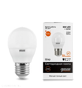 Лампа LED Gauss Шар 6 Вт E27 2700K 220В 53216