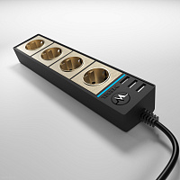 Розеточный блок 4-х местный + 3 USB черный/шампань рифленый Werkel WL20-04-03