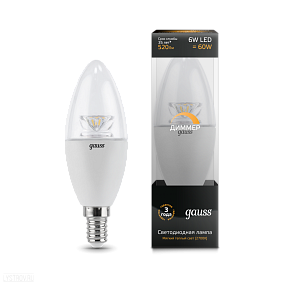 Лампа GAUSS светодиодная диммируемая свеча Е14 6W 2700К