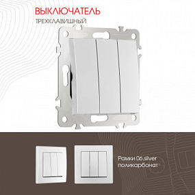 Выключатель трёхклавишный, 10AX 250V 206.30-3.silver Arte Milano