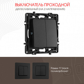 Выключатель двухклавишный проходной (на 2 направления), 10AX 250V 217.32-2.black Arte Milano